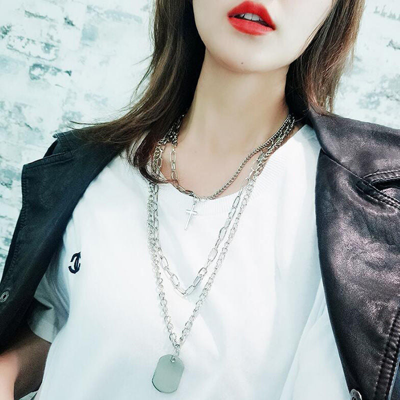 Minimalist Hiphop Punk Trendy Cross Sweater Chain Necklace Set