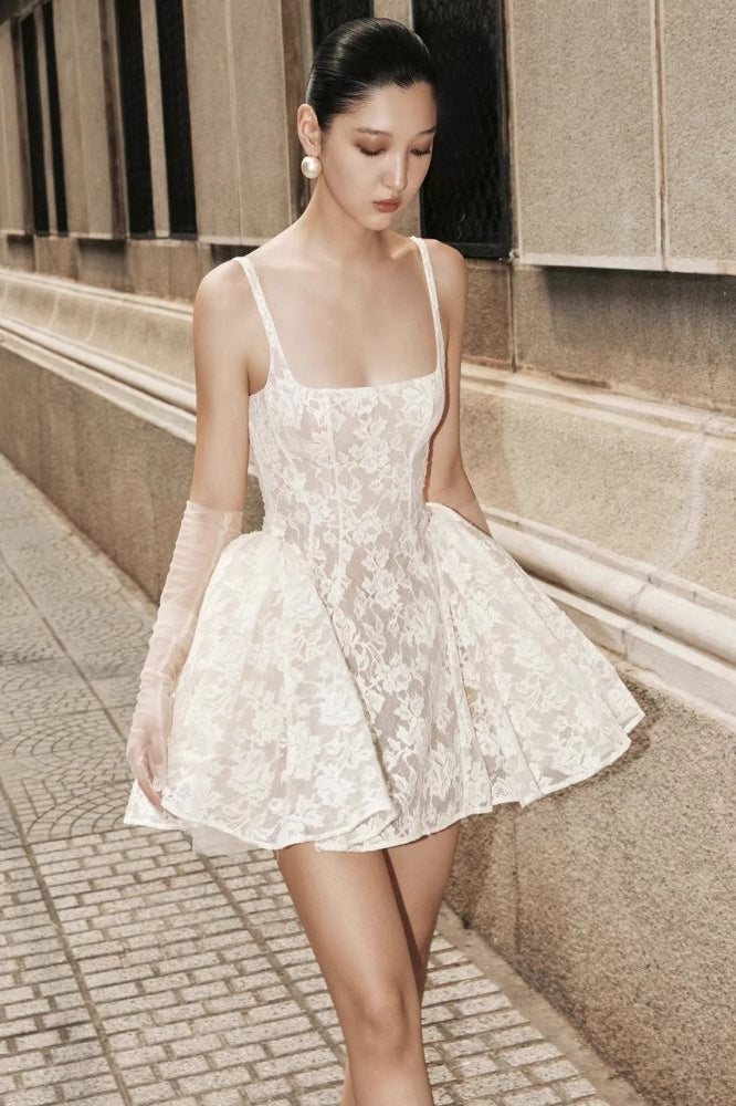 Lace Ruffled Waist Mini Party Dress