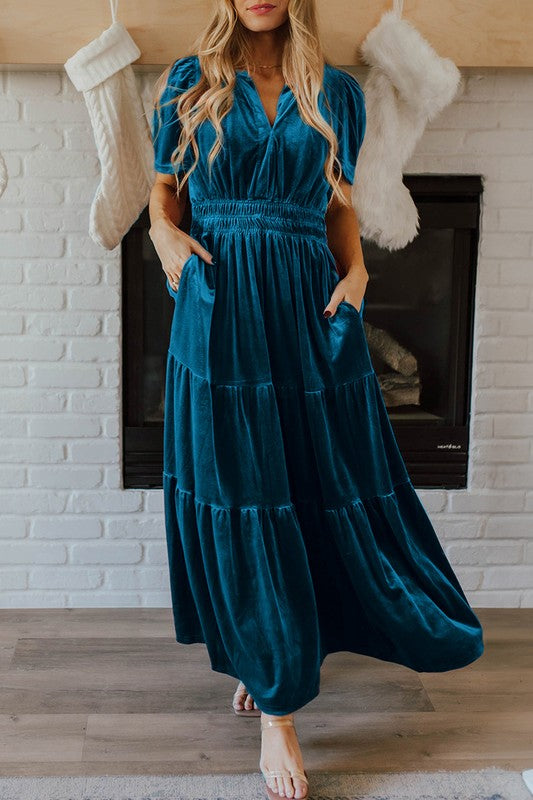 Paula Statement Women's Maxi Dress with Short Sleeves and Ruched Waist Designer Edit