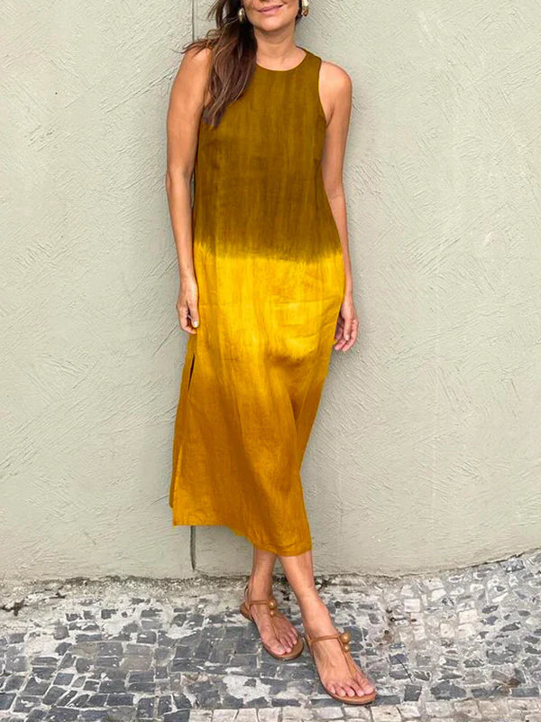 Melanie Minimalist Sleeveless Cotton and Linen Long Dress with Slit and Gradient Tie Dye Boutique Collection