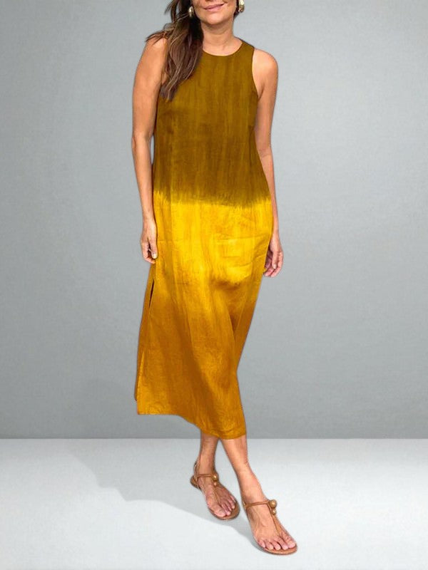 Round Neck Ombre Tie-Dye Sleeveless Straight Linen Maxi Dress 6