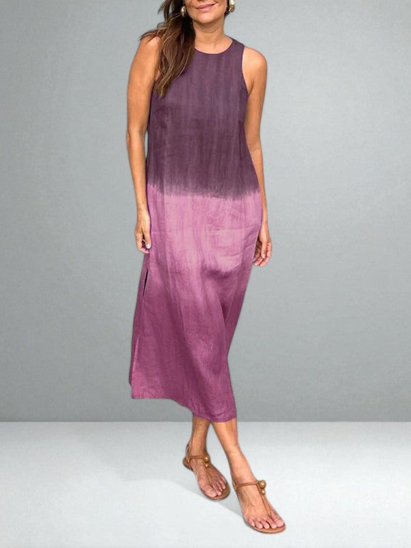 Round Neck Ombre Tie-Dye Sleeveless Straight Linen Maxi Dress 8
