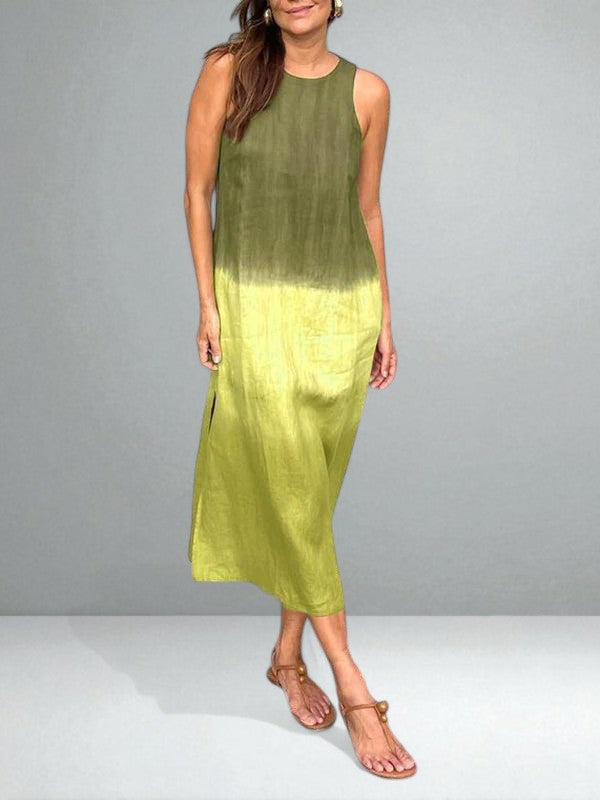 Round Neck Ombre Tie-Dye Sleeveless Straight Linen Maxi Dress 7