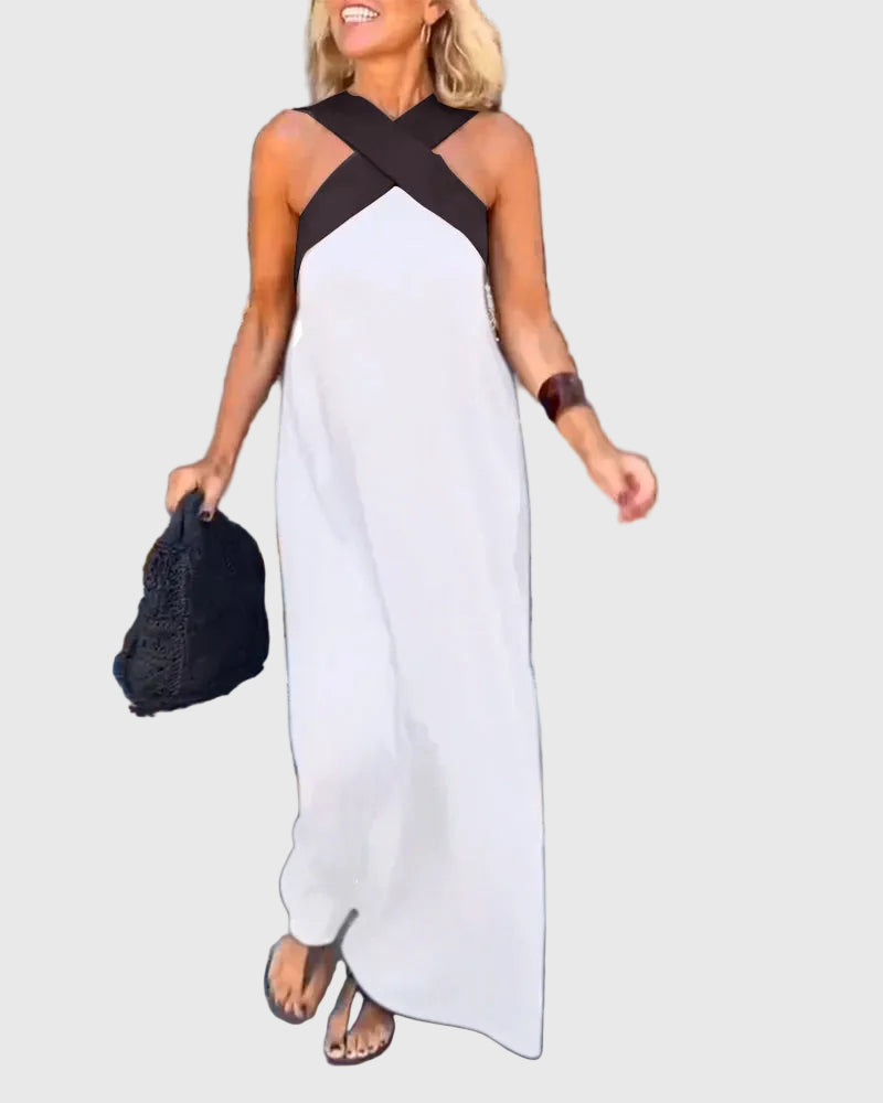 Cross Front Halter Neck Sleeveless Contrast Panel Maxi Dress 3