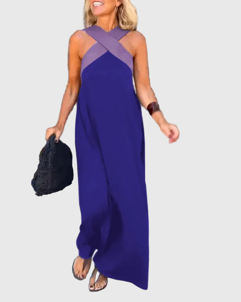 Cross Front Halter Neck Sleeveless Contrast Panel Maxi Dress 10