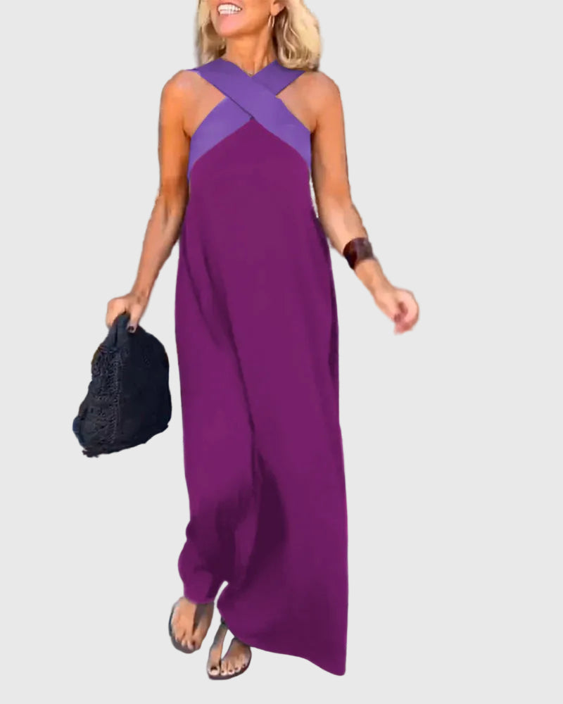 Cross Front Halter Neck Sleeveless Contrast Panel Maxi Dress 5