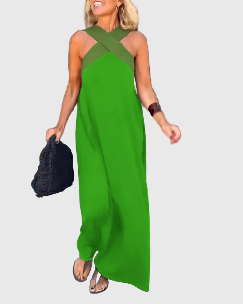 Cross Front Halter Contrast Panel Sleeveless Flowing Maxi Dress
