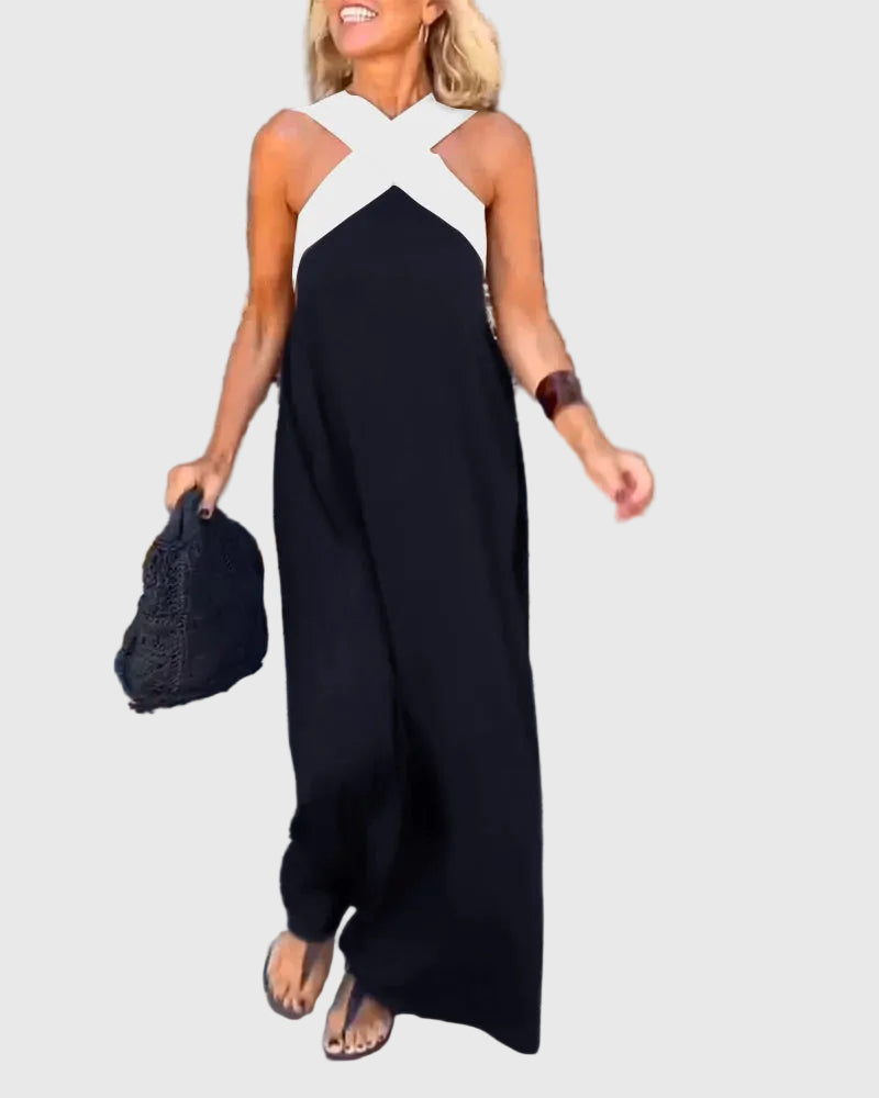 Cross Front Halter Contrast Panel Sleeveless Flowing Maxi Dress