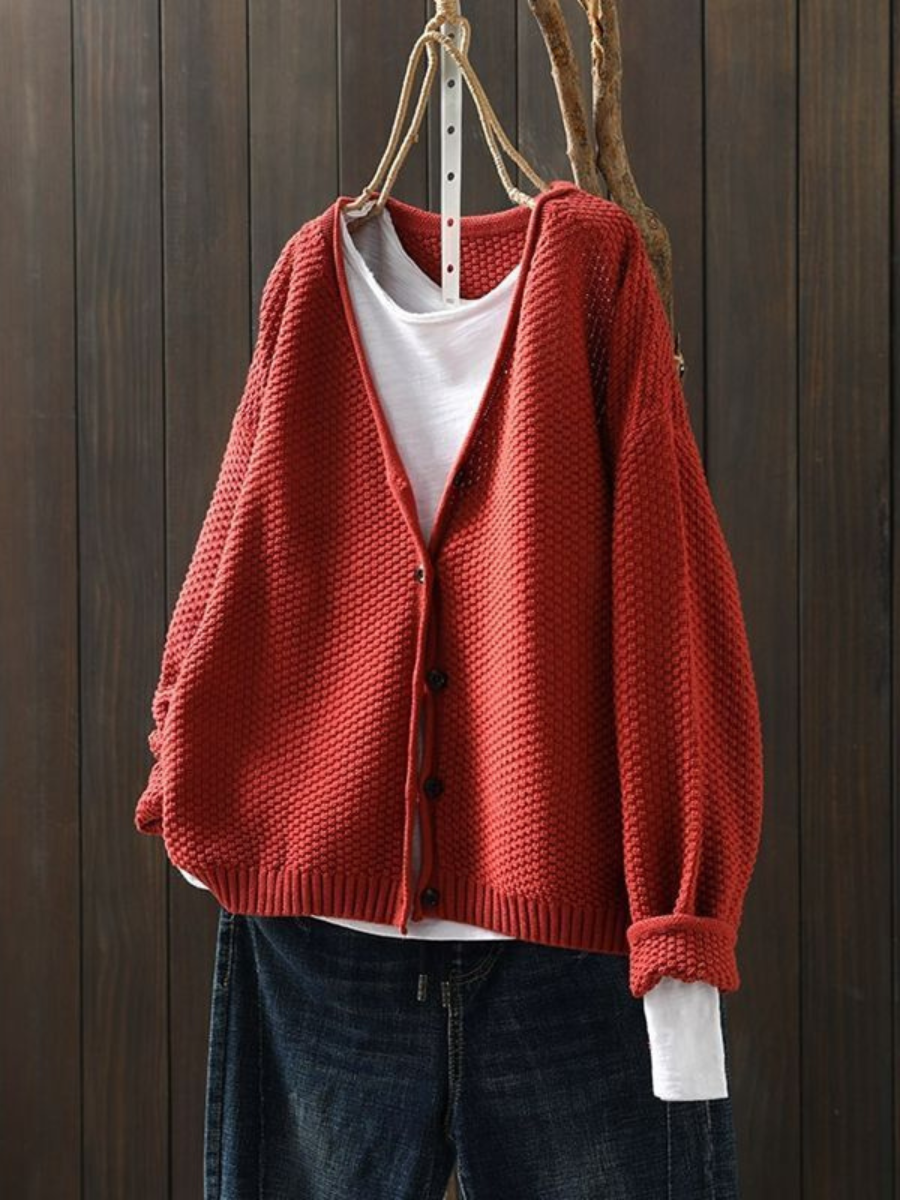 V-Neck Button Front Chunky Knit Long Sleeve Cardigan
