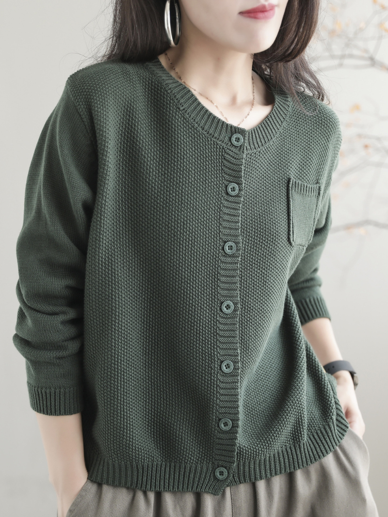 Round Neck Long Sleeve Button Front Patch Pocket Knit Cardigan