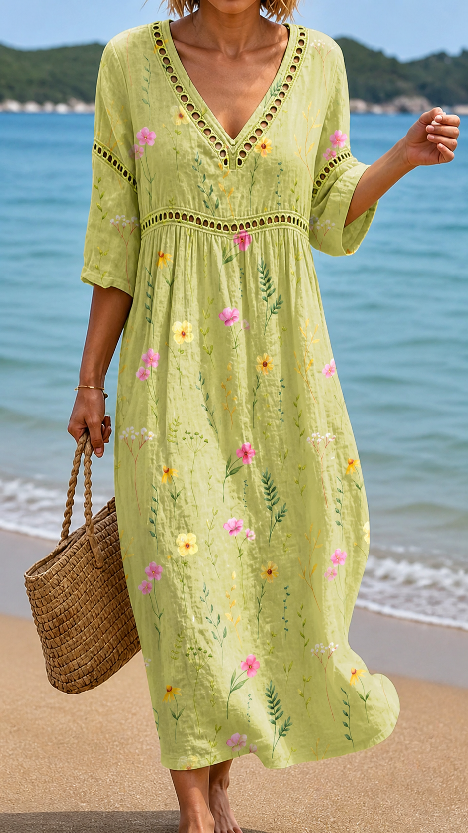 V-Neck Crochet Trim Wildflower Print Empire Waist Maxi Dress