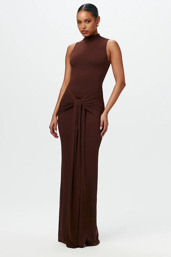 Solid Crew Neck Sleeveless Tie Bodycon Party Dress