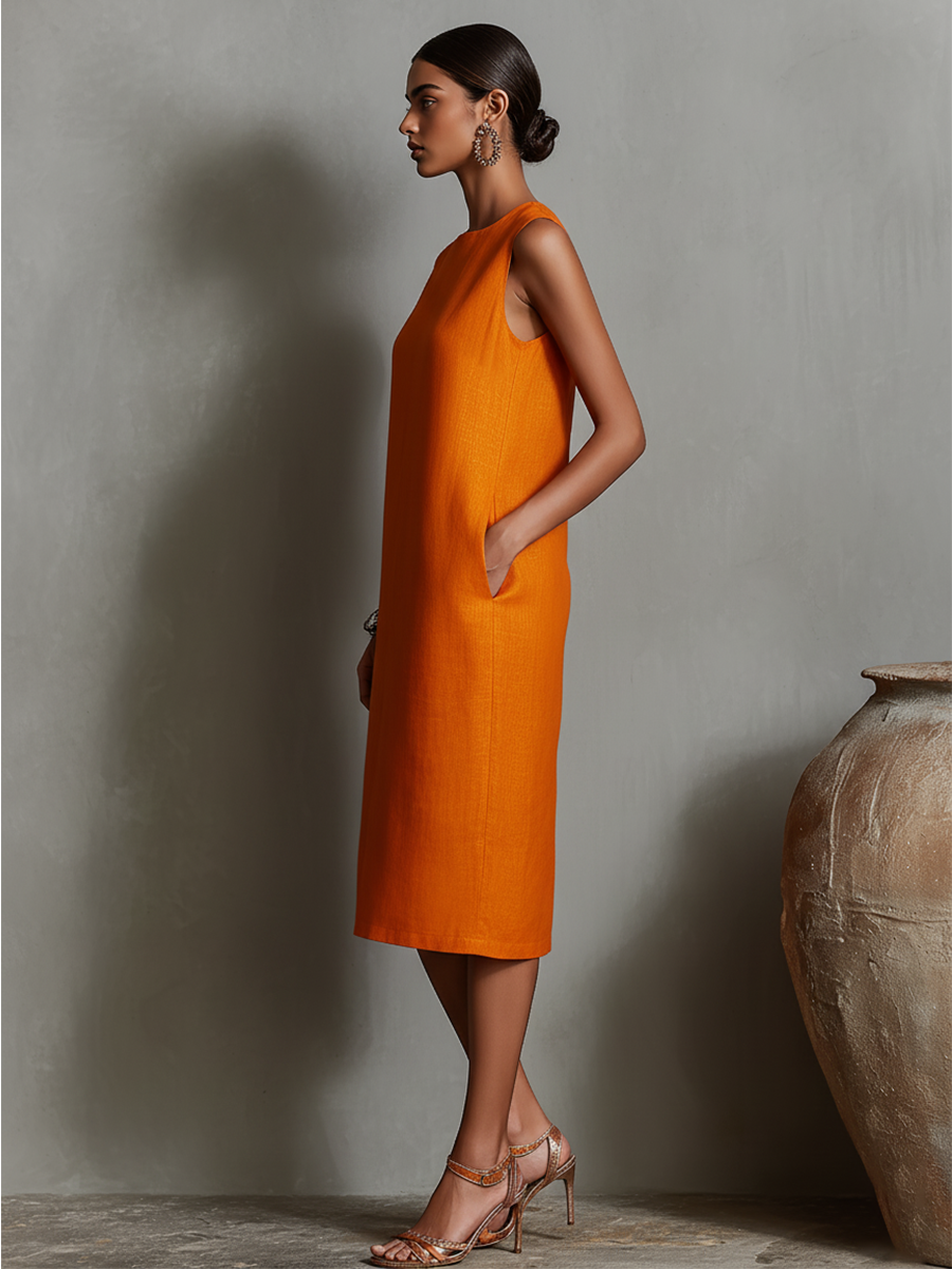 Round Neck Sleeveless Linen Pocket Straight Sheath Midi Dress