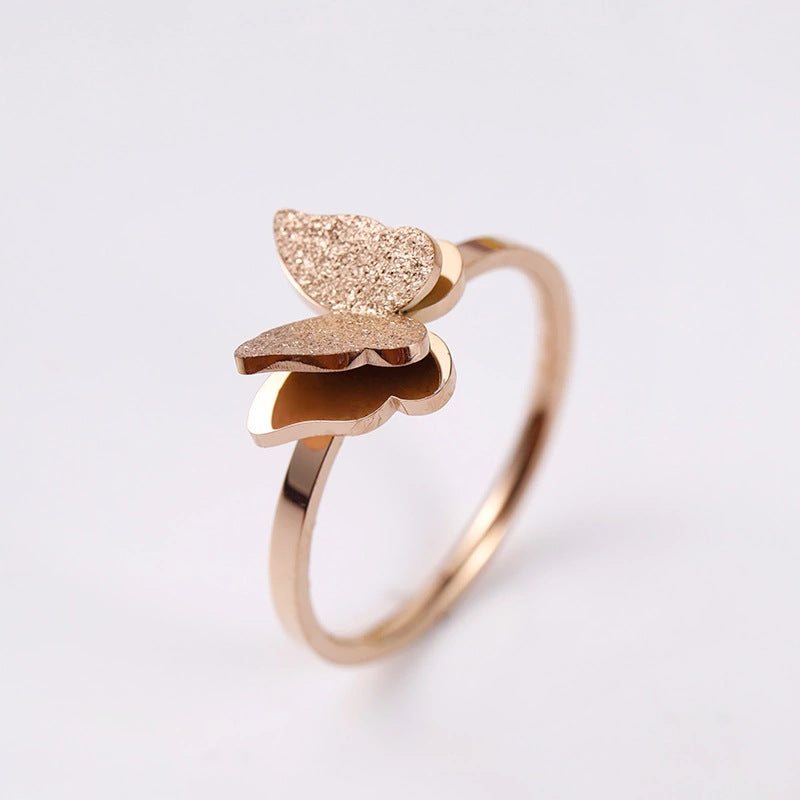 Fashion Frosted Butterfly Titanium Steel Ring Rose Gold / 6