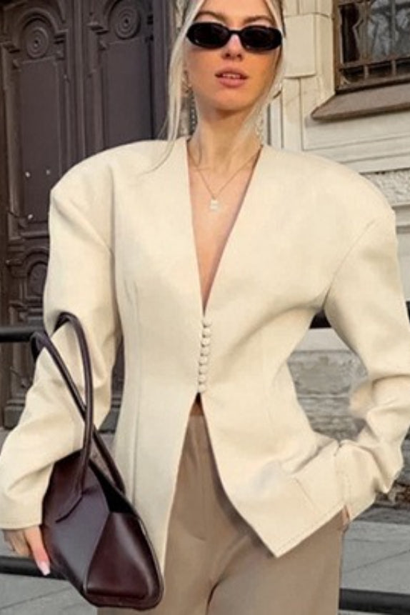 Chic Beige Structured VNeck Coat