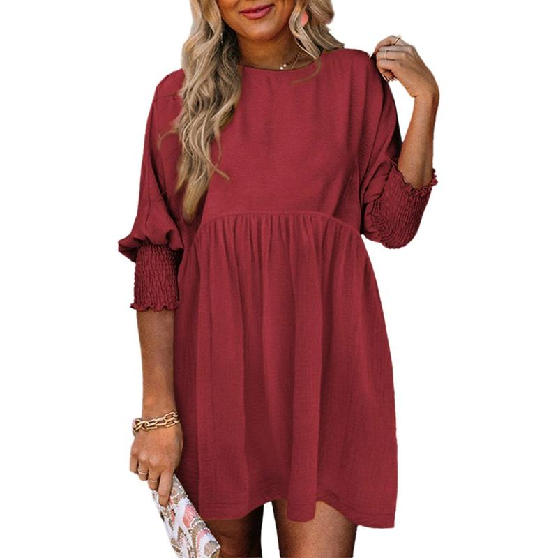 Round Neck Textured Smocked Cuff Sleeve Babydoll Mini Dress