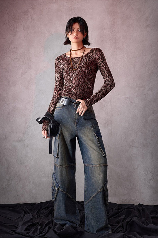 Leopard Print U-Neck Slim Long-Sleeve Blouse