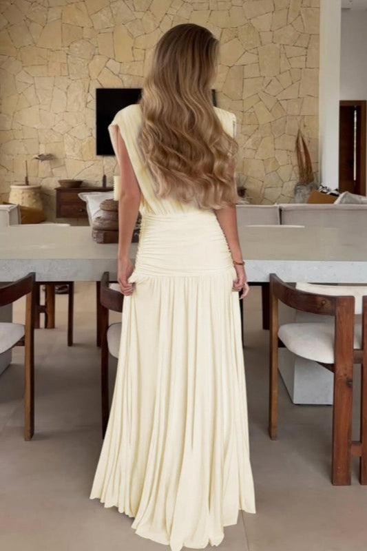 Solid Deep V Ruched Asym Party Dress