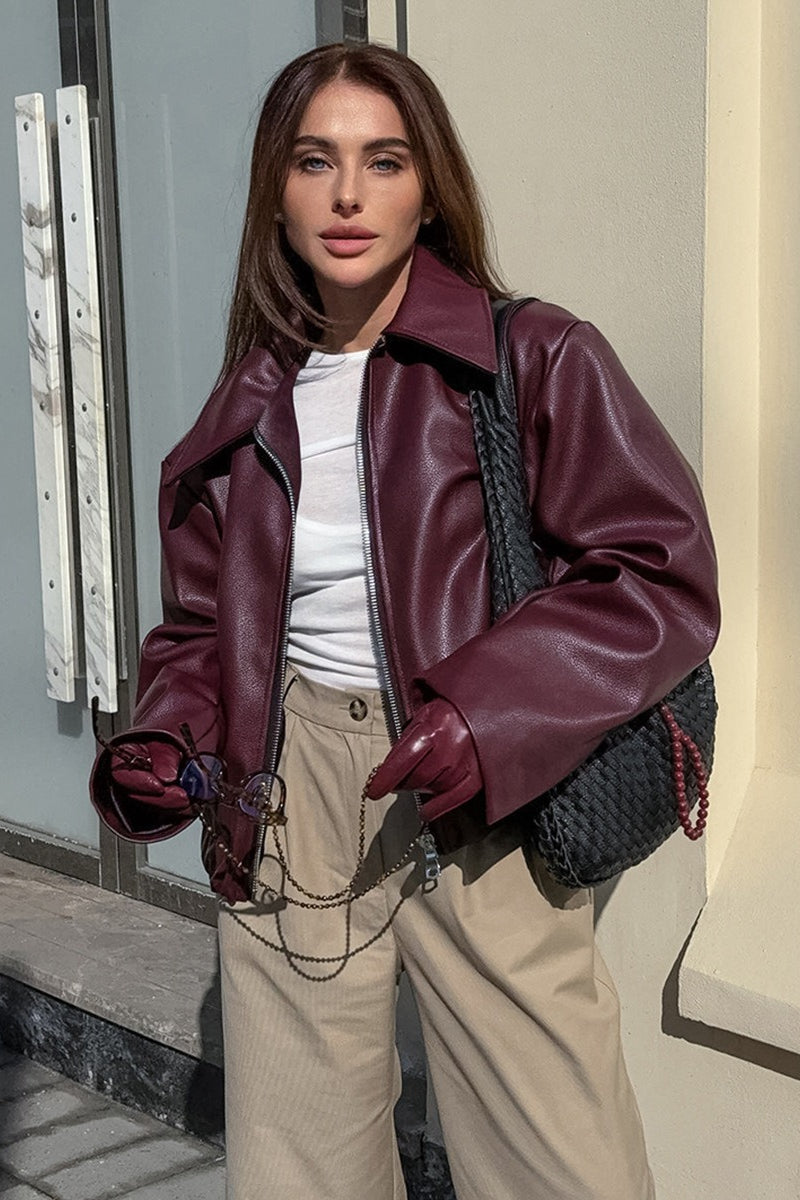 Vintage Wine Red Leather Biker Jacket
