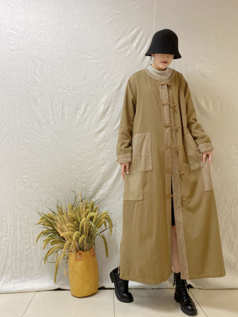Stand Collar Frog Button Patch Pocket Long Coat 3