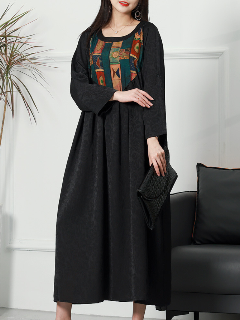 Round Neck Printed Yoke Half Sleeve Jacquard A-Line Maxi Dress 8