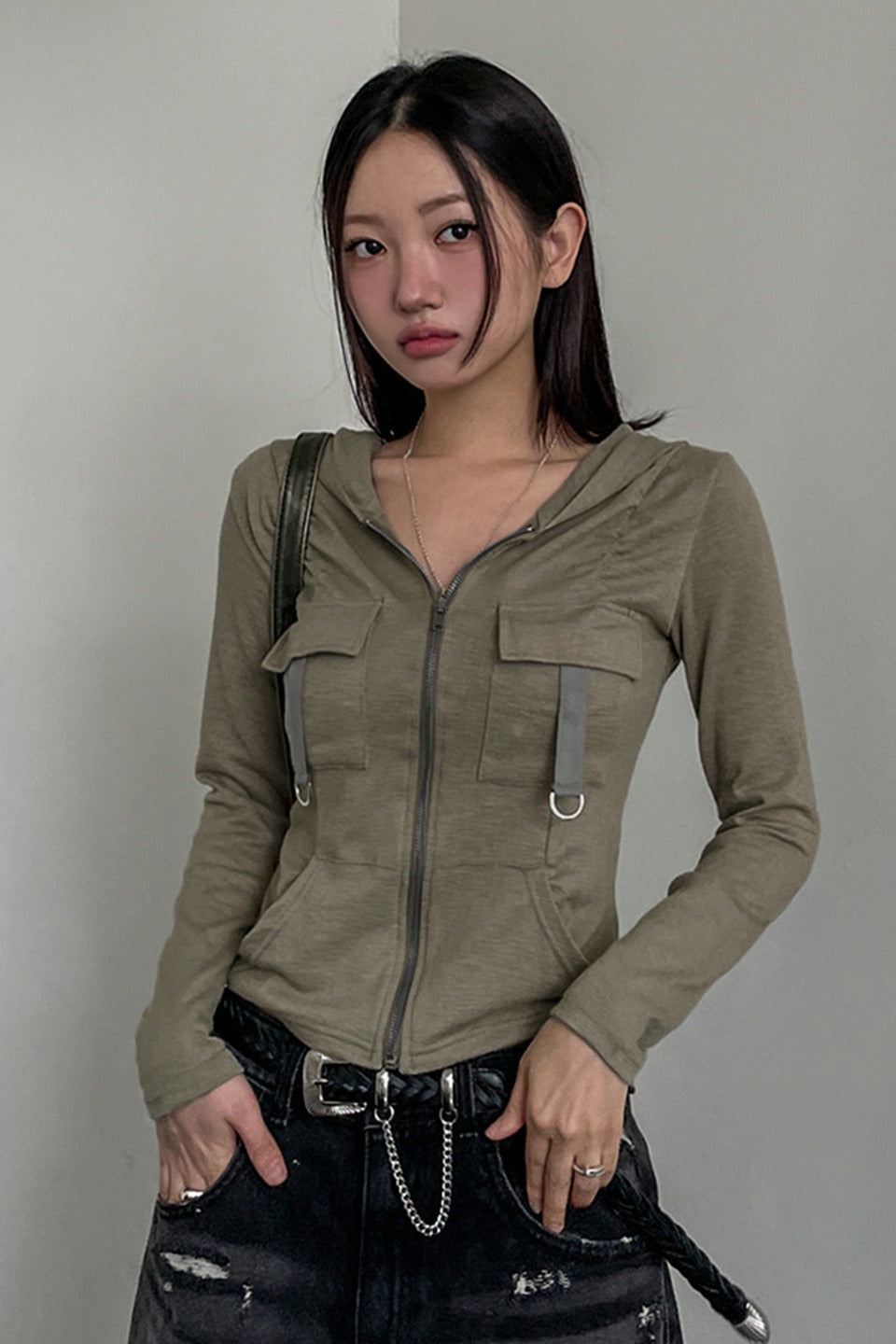 Cargo Pocket Panel Zip-Up Cropped Hoodie