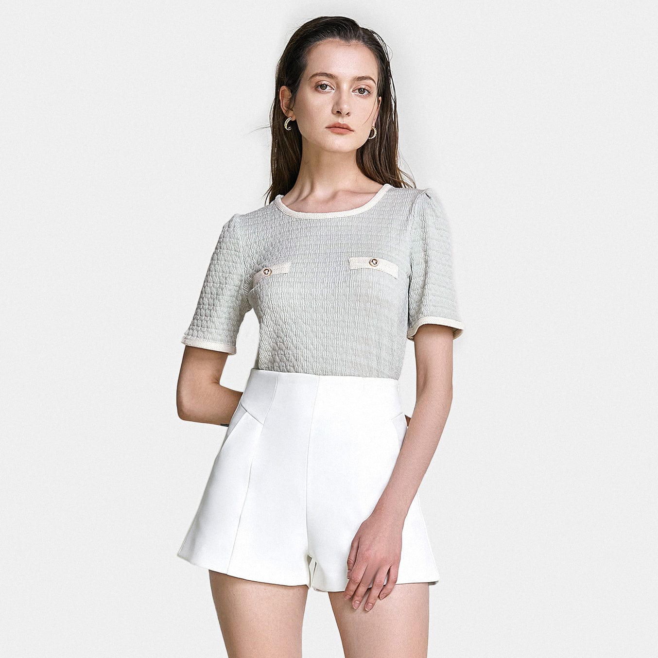 Light Green Textured Contrast Binding Short Sleeve Blouse