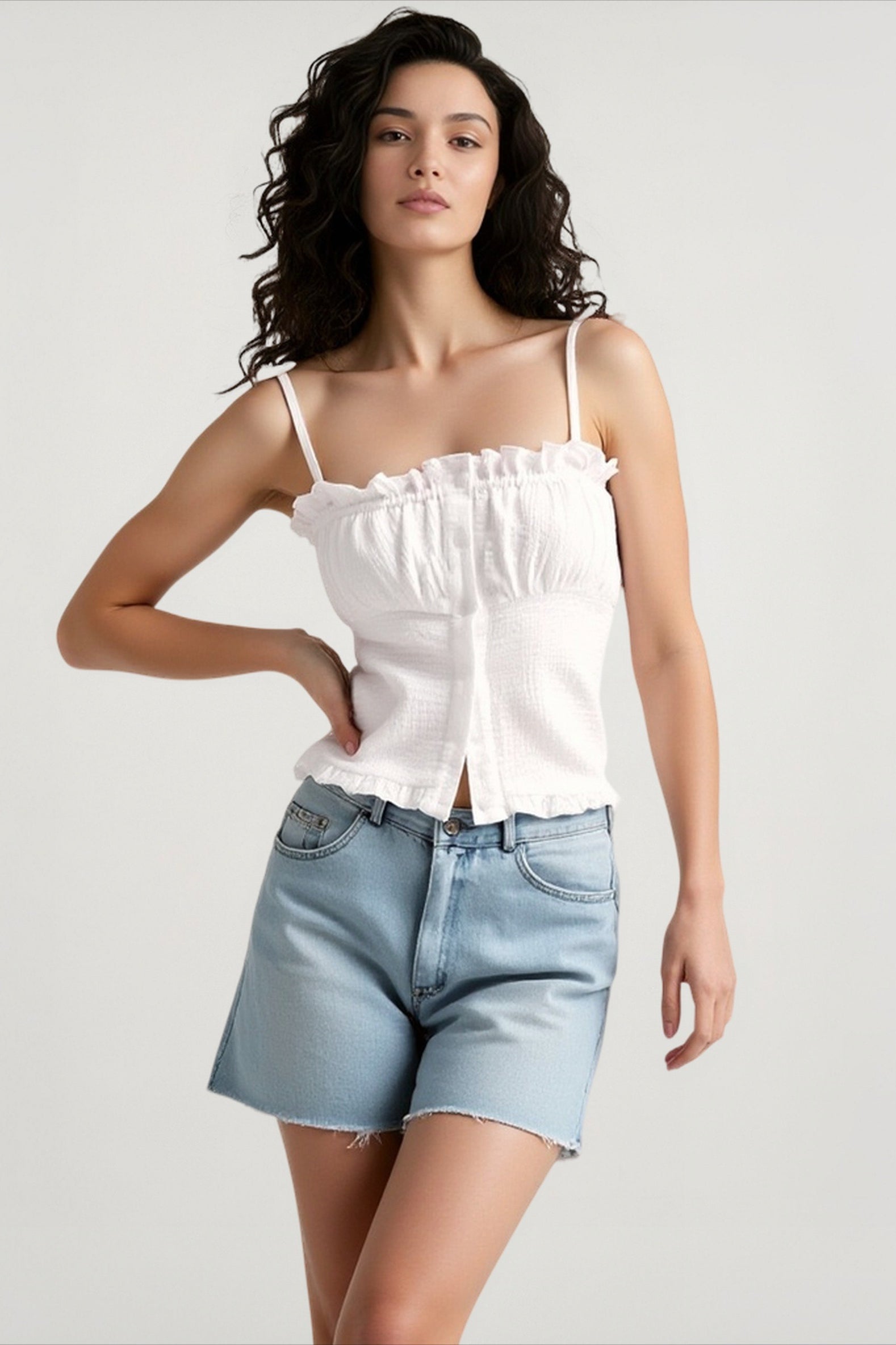 White ruffle strapless cami top