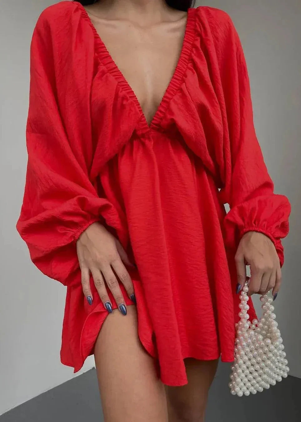 Elegant V Neck Lantern Sleeve Dress