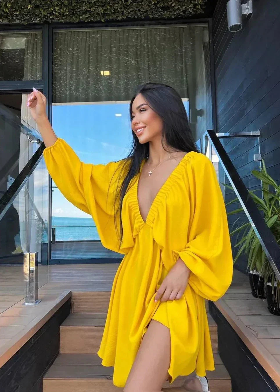 Elegant V Neck Lantern Sleeve Dress