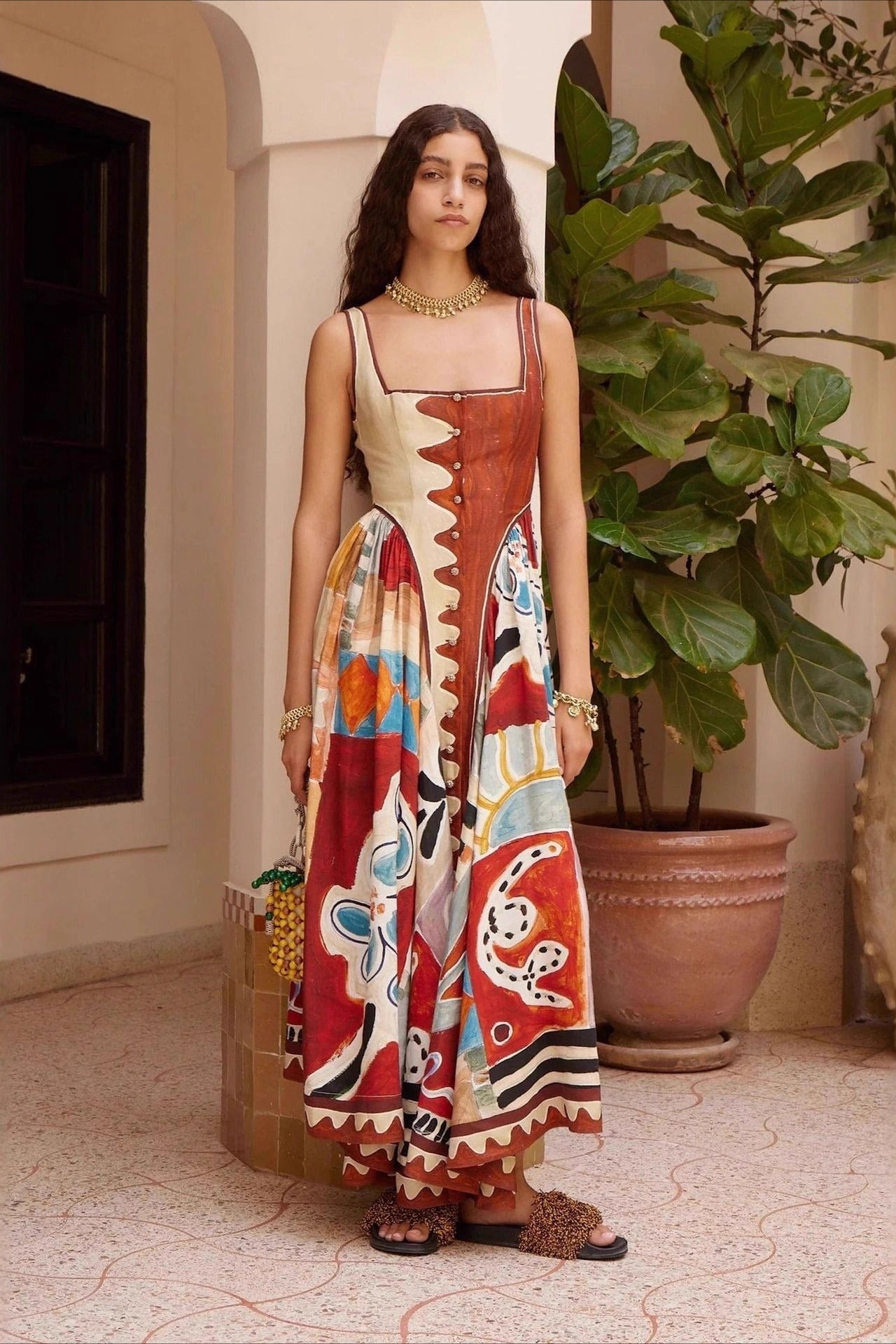 Printed Linen Patchwork Slip Dress