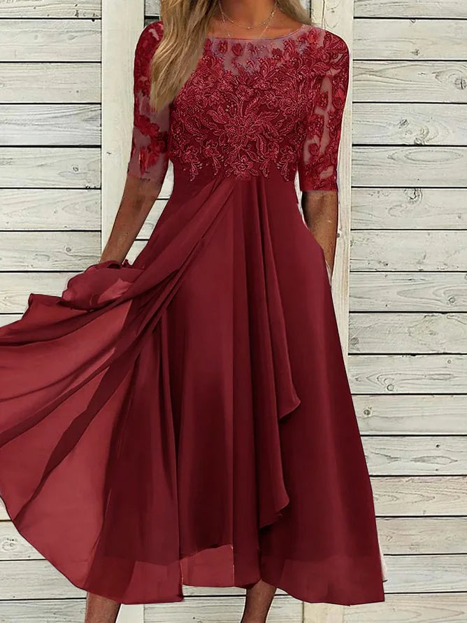 Round Neck Lace Applique Illusion Half Sleeve Chiffon Midi Dress 6