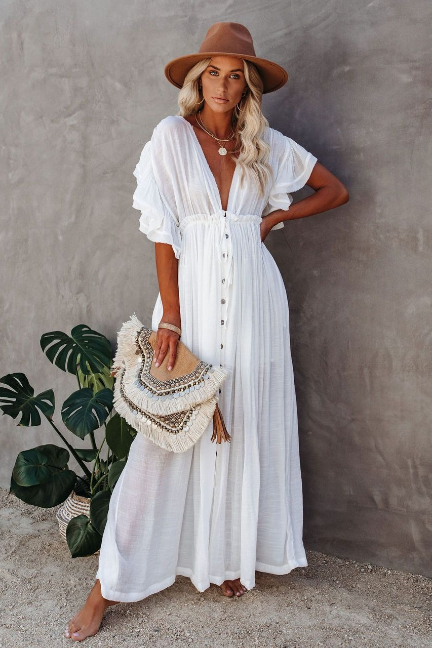 Deep V Neck Ruffle Sleeve Drawstring Waist Button Front Pocket Maxi Dress 6