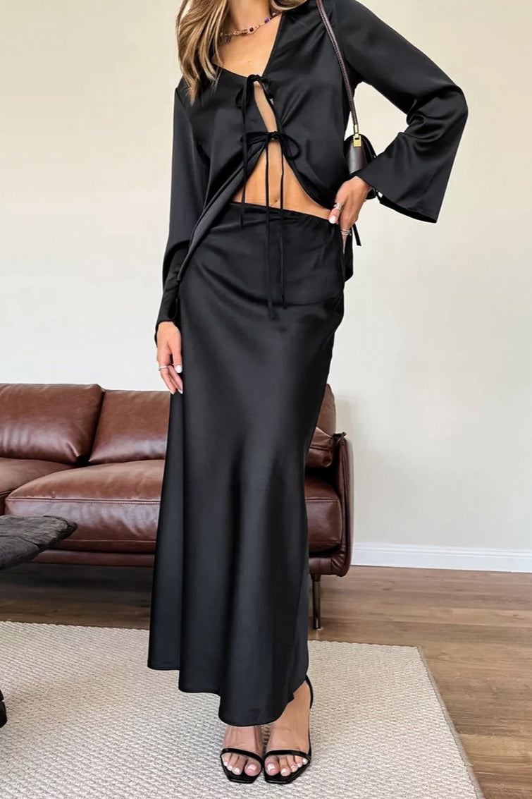 V Neck Tie Front Satin Top Maxi Skirt Set