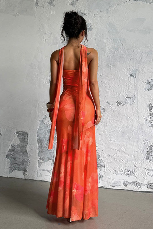 Orange Strapless Mermaid Ruched Abstract Floral Print Maxi Dress 4