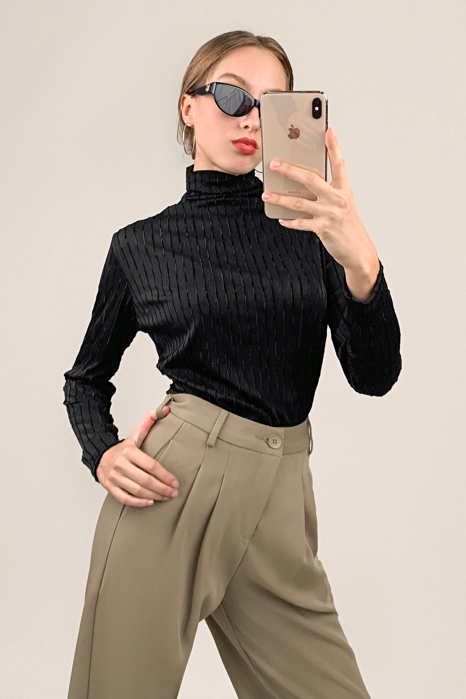Black Textured Striped Turtleneck Top