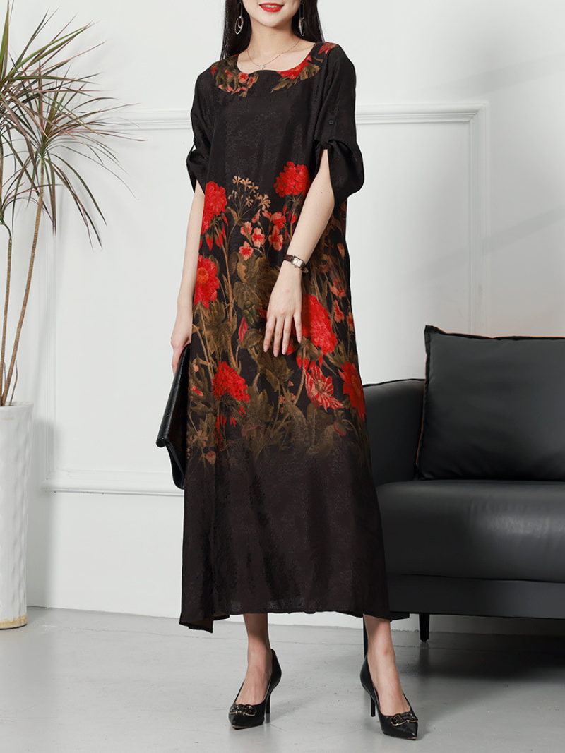 Red Round Neck Floral Print Loose Half Sleeve A-Line Maxi Dress