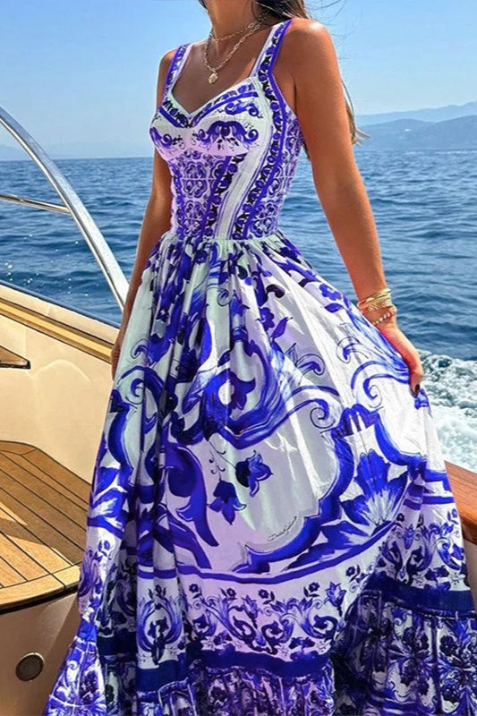 Wide Strap Sweetheart Baroque Print Tiered Ruffle Maxi Dress 6