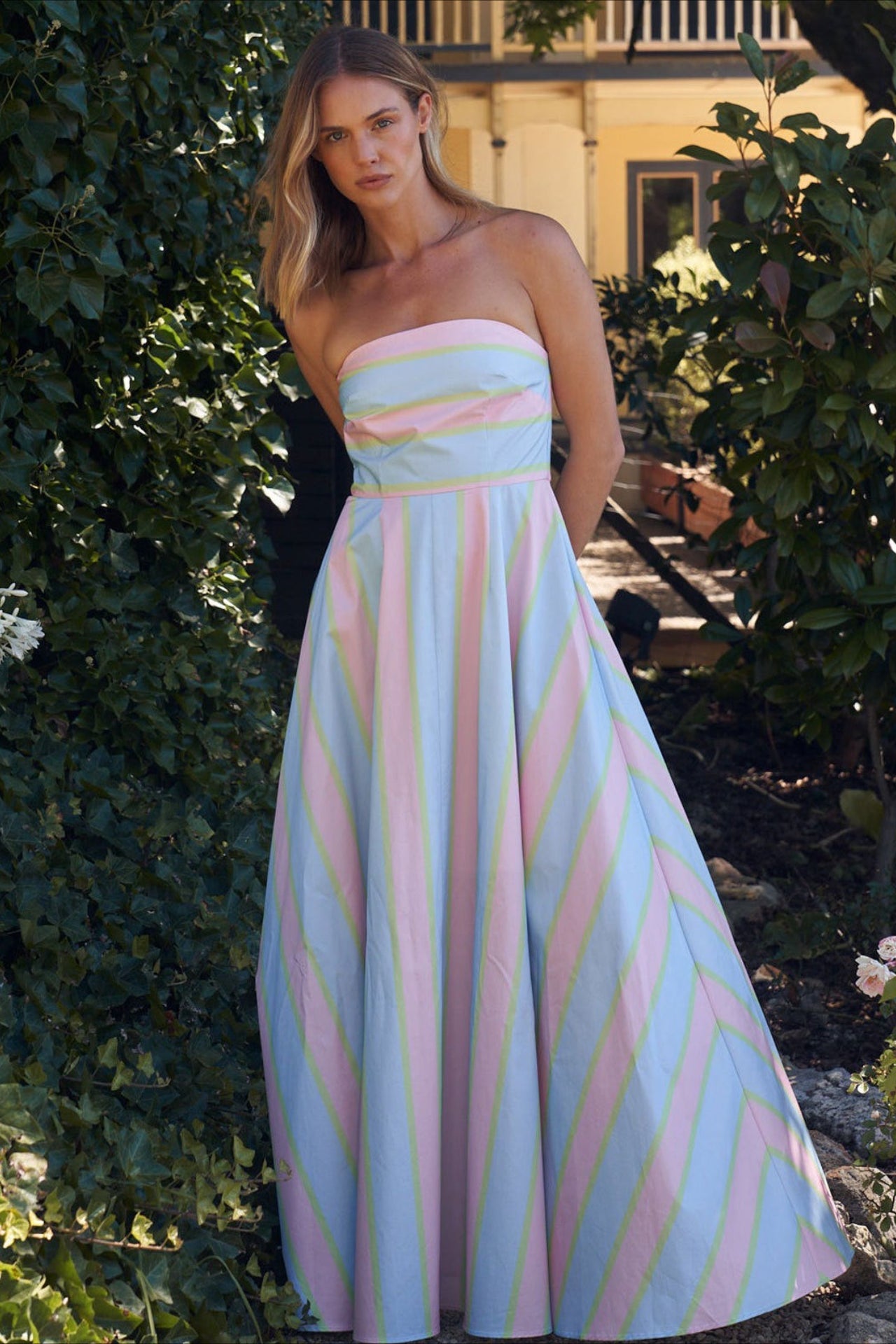 Spaghetti Strap Horizontal Diagonal Stripe A Line Maxi Dress 4