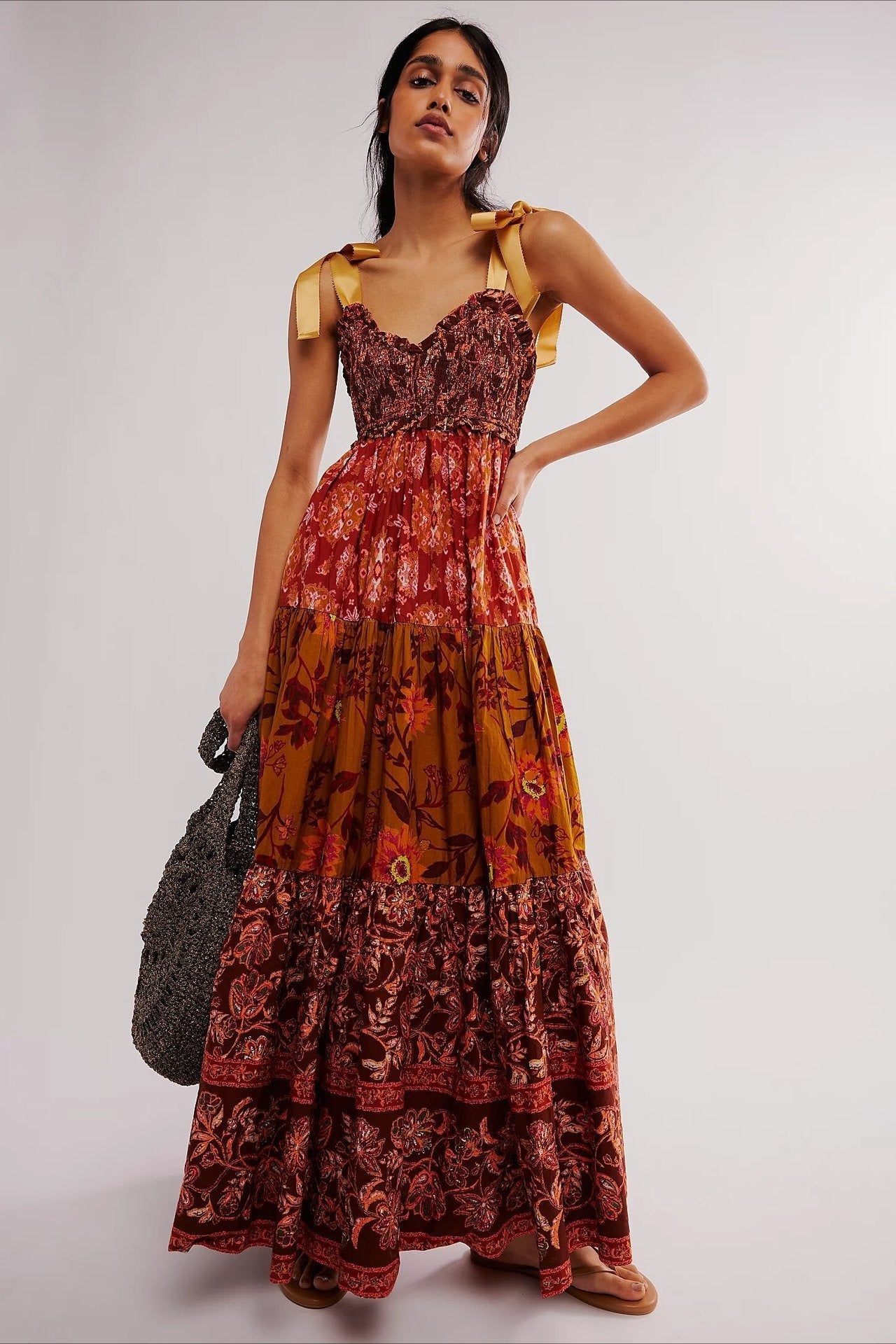 Smocked V Neck Bow Shoulder Strap Mixed Floral Tiered Maxi Dress 4