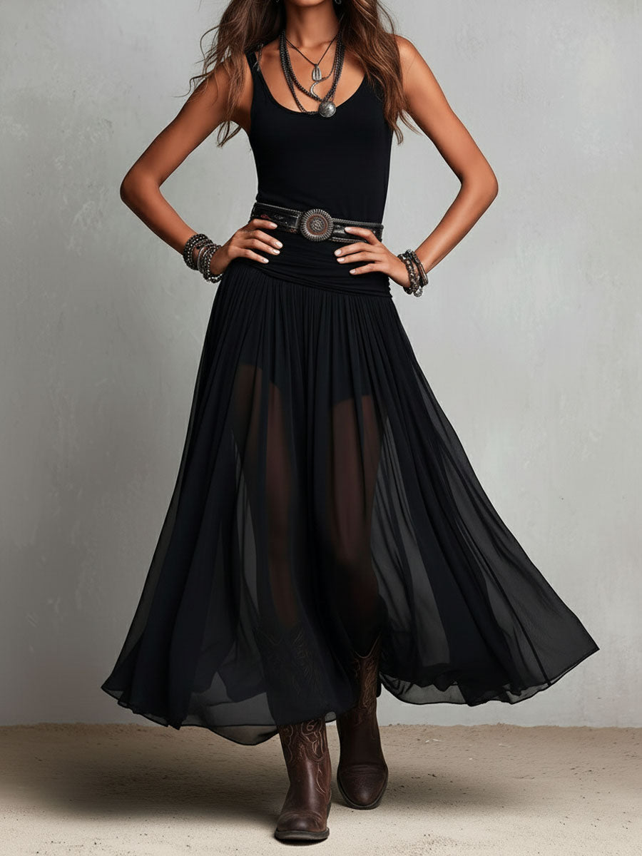 Scoop Neck Sleeveless Sheer Handkerchief Hem Maxi Dress 5