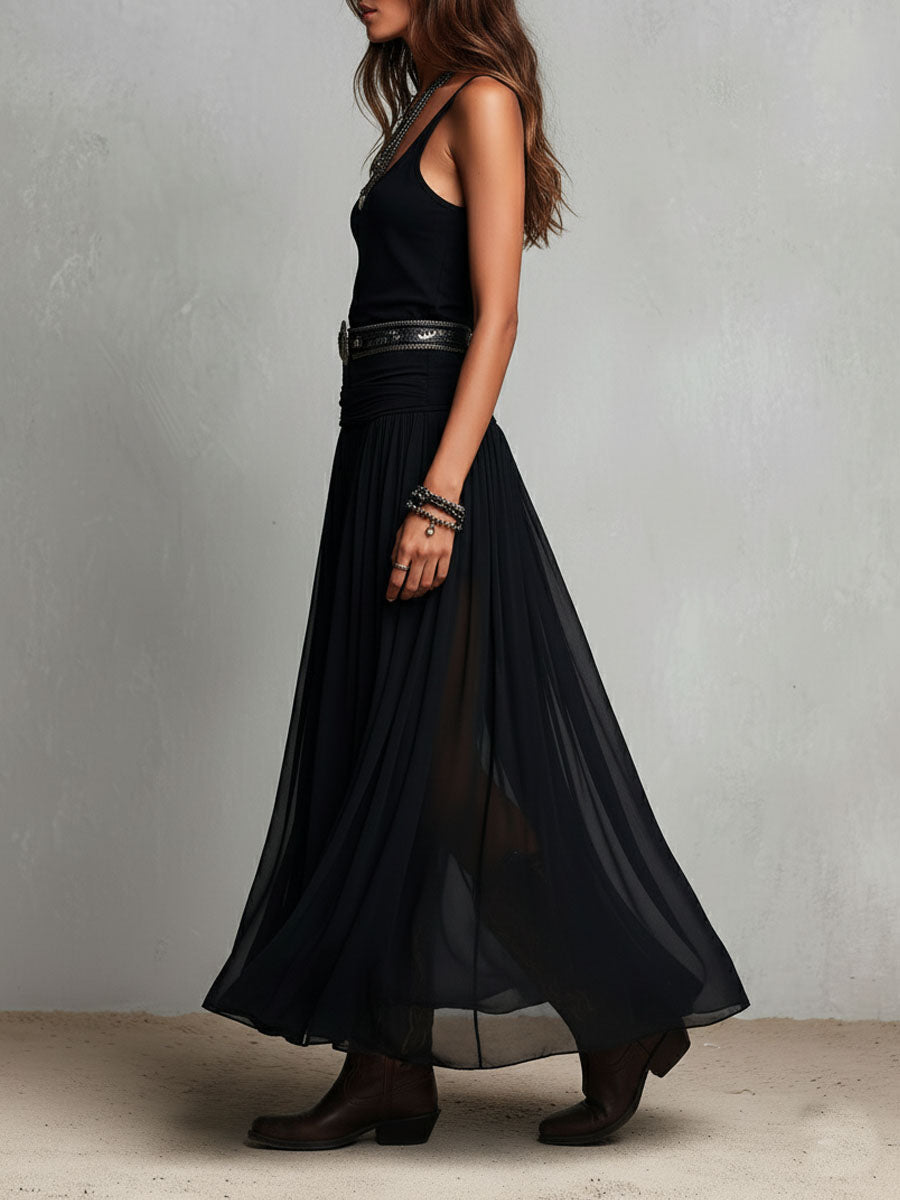 Scoop Neck Sleeveless Sheer Handkerchief Hem Maxi Dress 7