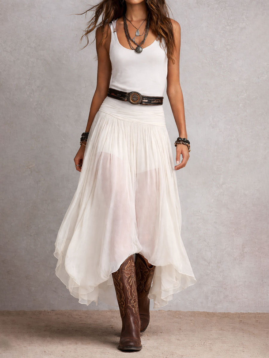 Scoop Neck Sleeveless Sheer Handkerchief Hem Maxi Dress 3