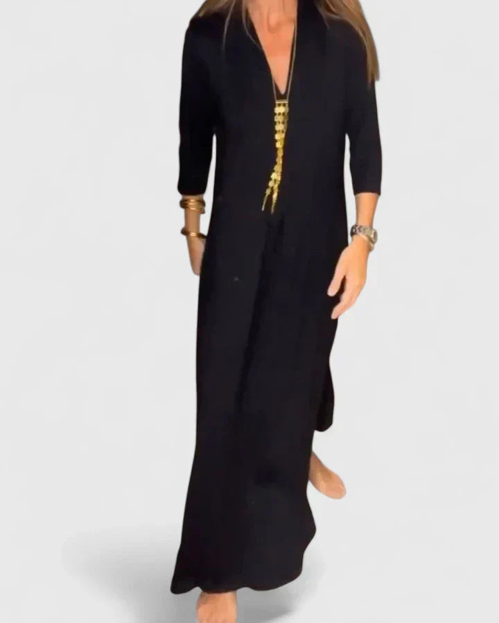 V-Neck Half Sleeve Side Slit Column Maxi Dress