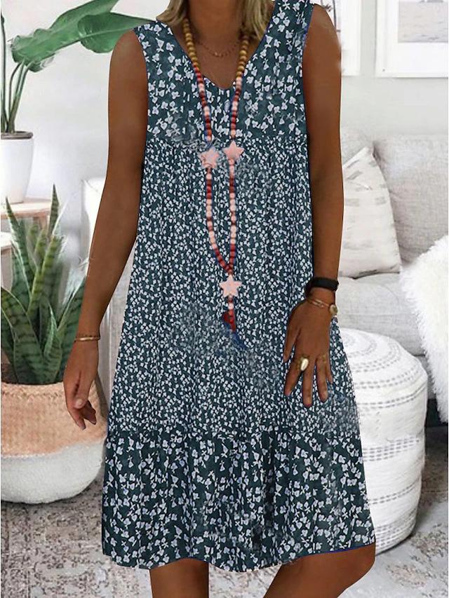 V-Neck Ditsy Floral Sleeveless Tiered Shift Midi Dress