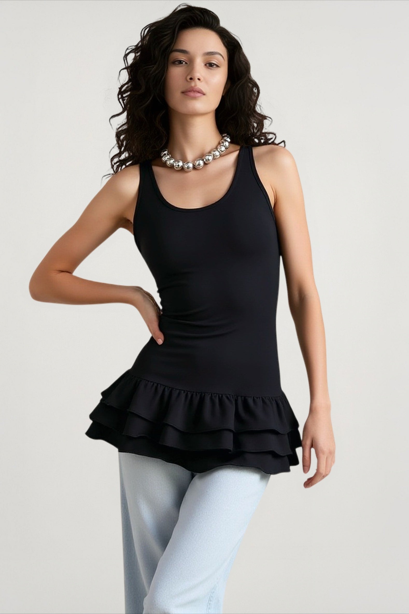 Black tiered hem cami top