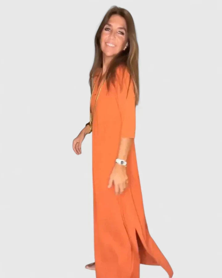 V-Neck Half Sleeve Side Slit Column Maxi Dress