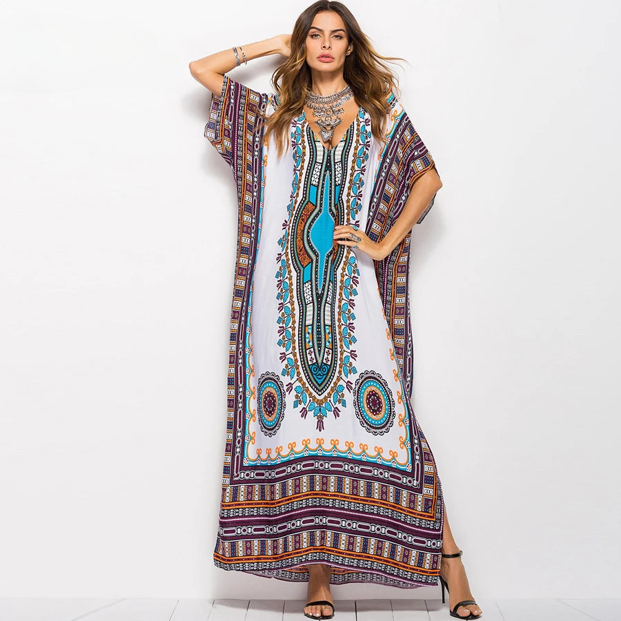 Maxi Kaftan Dress Rayon Ethnic Floral Print Beach Sundress