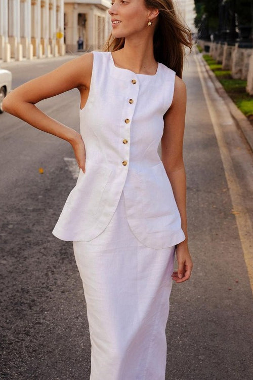 White Square Neck Sleeveless Vest Skirt Work Set