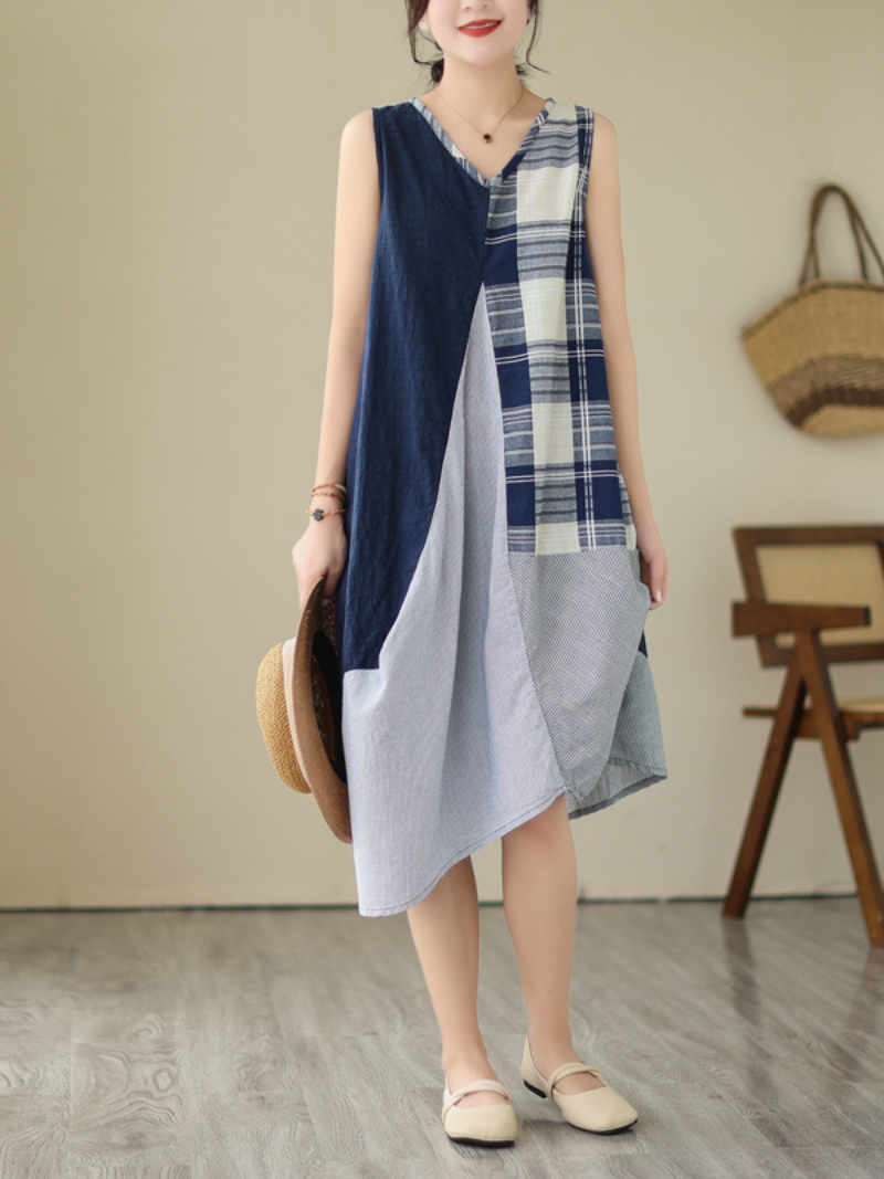 V-Neck Sleeveless Plaid Patchwork Cotton A-Line Midi Dress